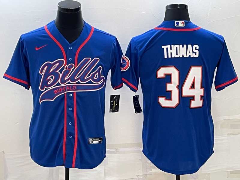 Men%27s Buffalo Bills #34 Thurman Thomas Blue With Patch Cool Base Stitched Baseball Jersey